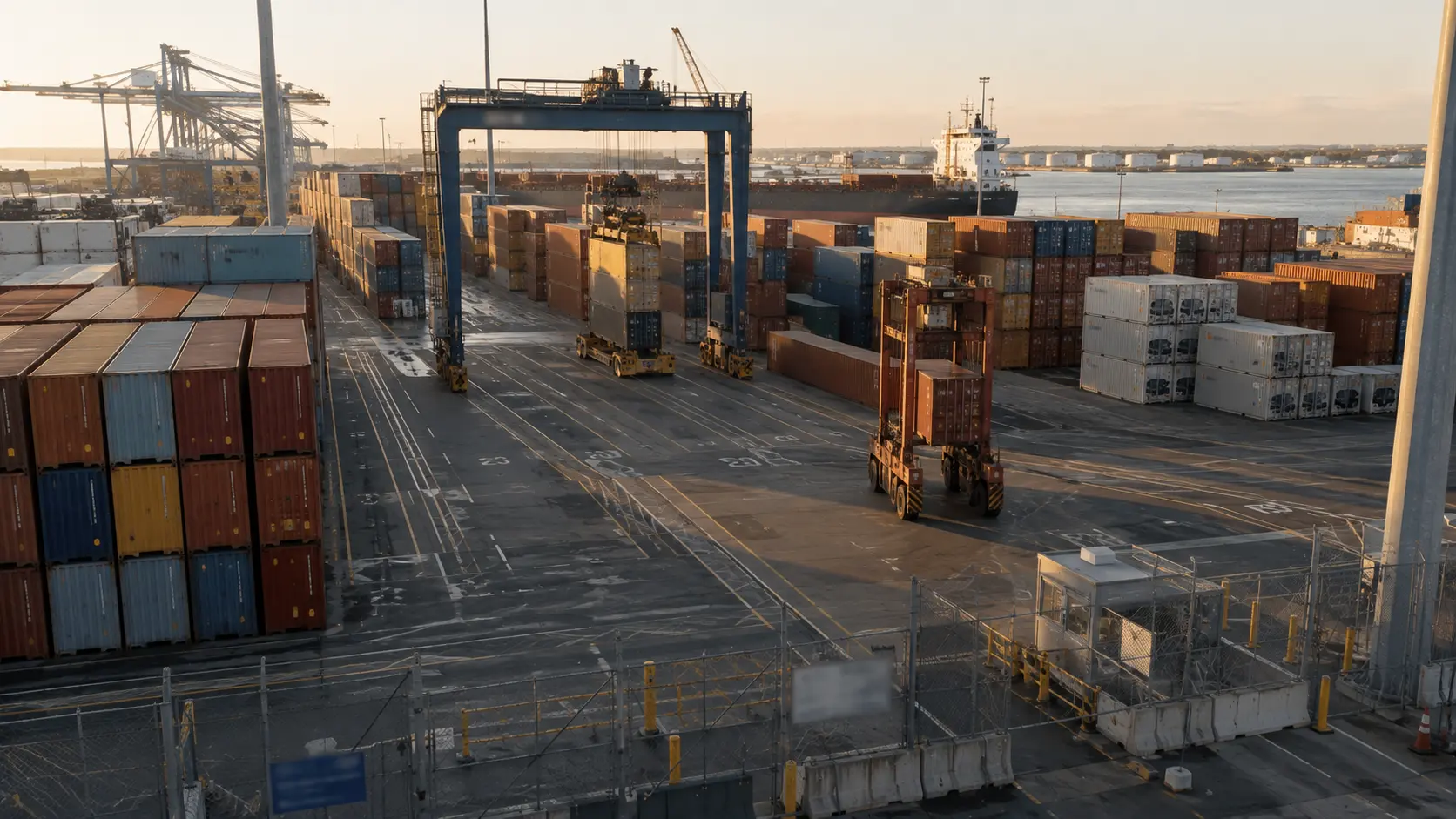 Patio de contenedores en una terminal portuaria con grúas al fondo