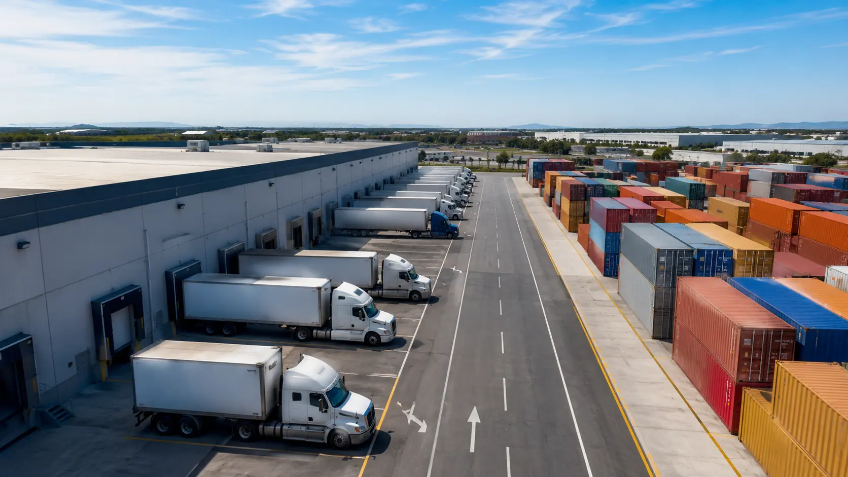 Vista aérea de una terminal logística con contenedores y camiones en maniobra