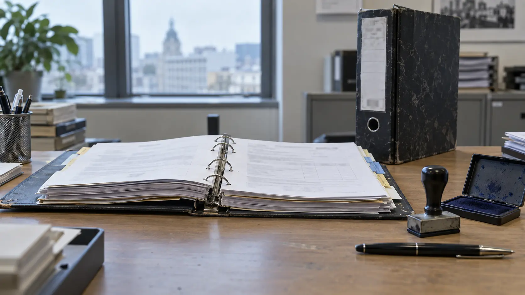 Escritorio de oficina con una carpeta de documentos corporativos abierta junto a un sello