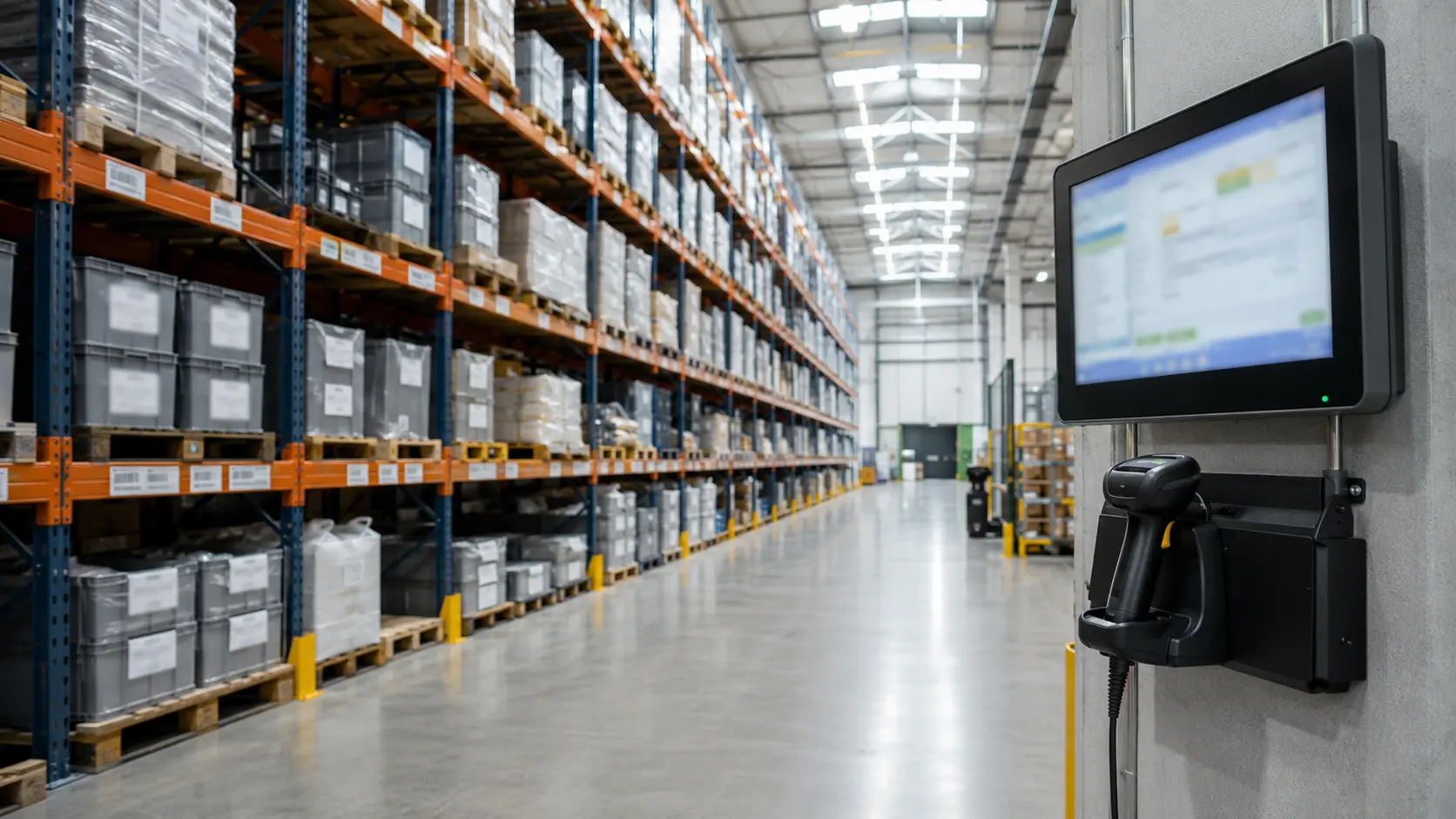 Almacén industrial con racks de material y una terminal de control de inventarios