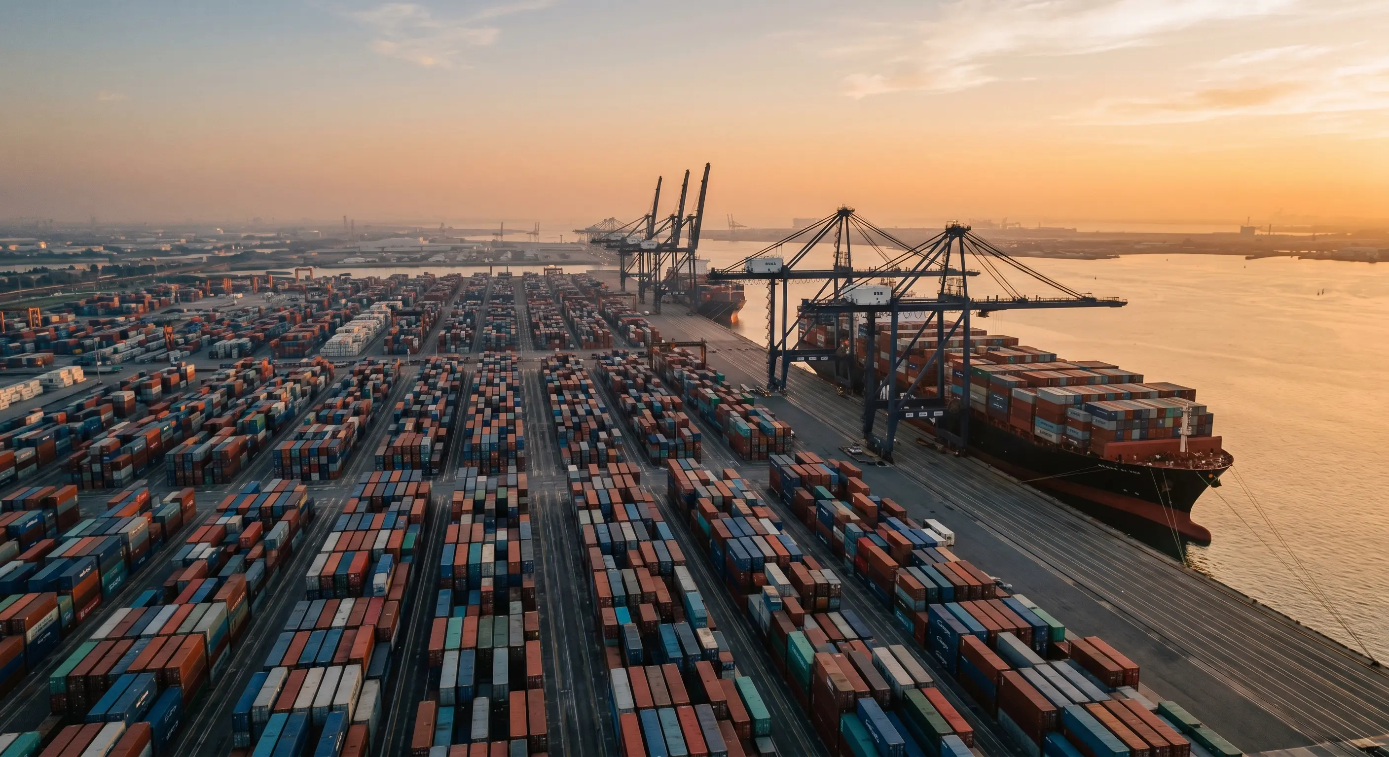 Vista aérea de una terminal de contenedores al atardecer, ilustrando la escala de las importaciones afectadas por los nuevos aranceles