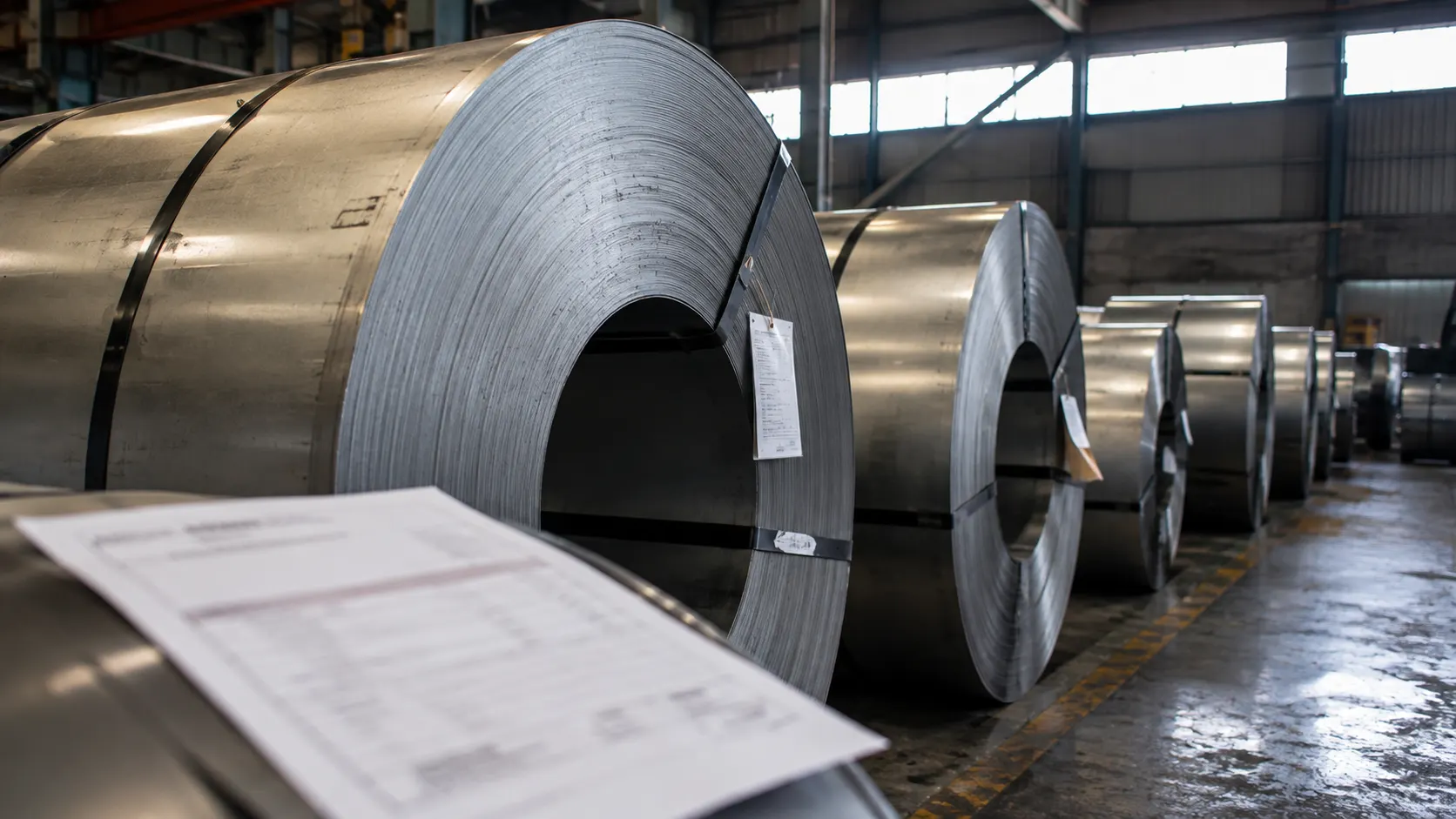 Bobinas de acero en fila en una nave industrial, con un certificado impreso apoyado en primer plano