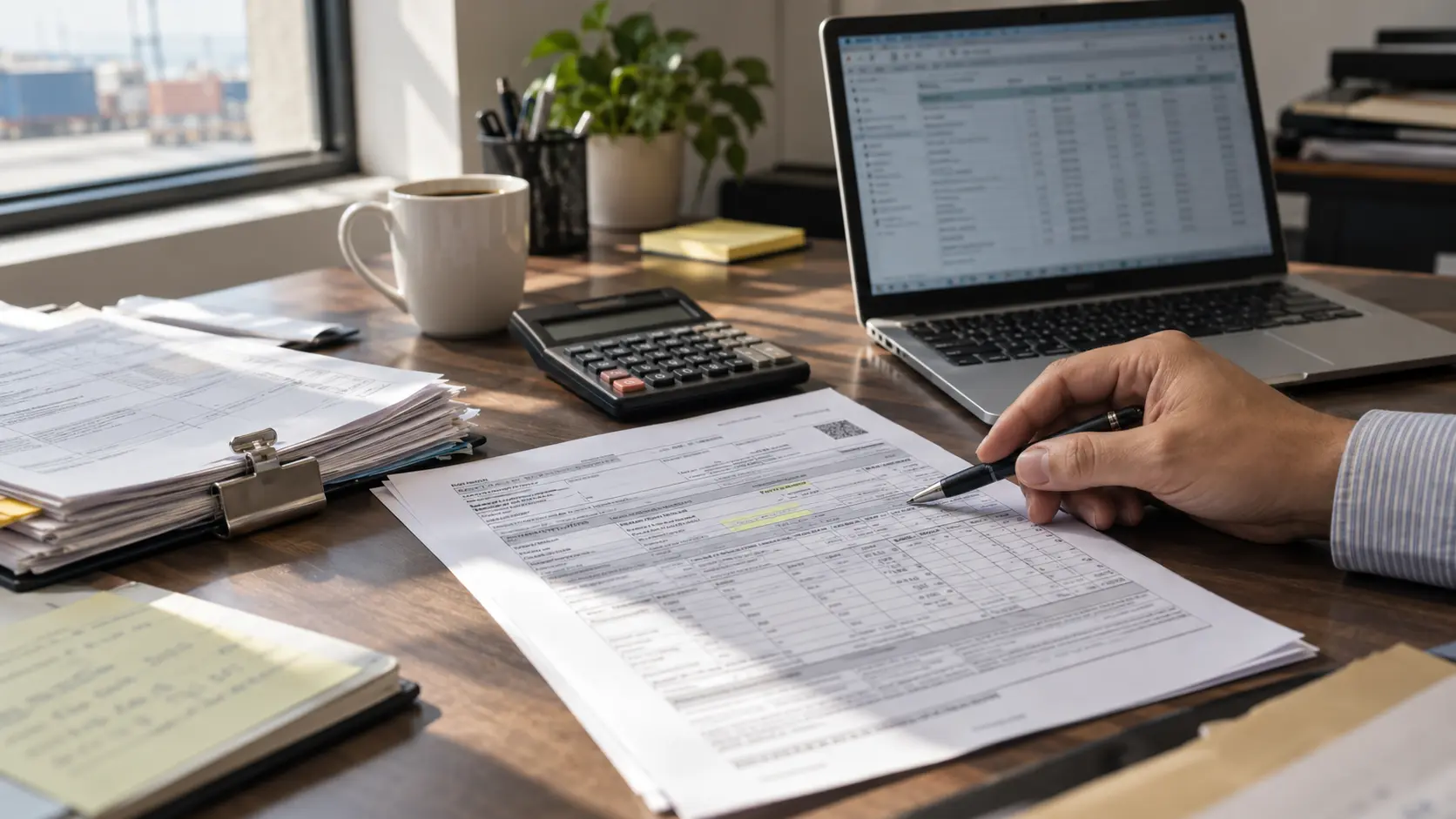Escritorio de comercio exterior con pedimento impreso, calculadora y pantalla con una hoja de cálculo bajo luz natural
