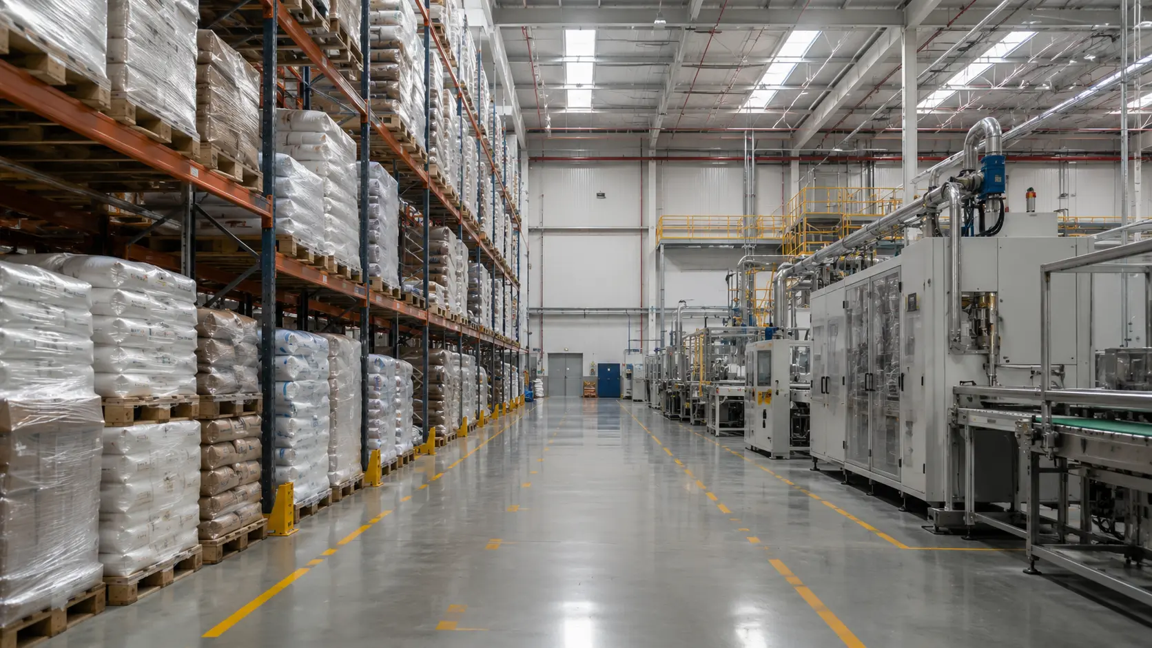Nave de manufactura con racks de materia prima e insumos bajo control de inventario