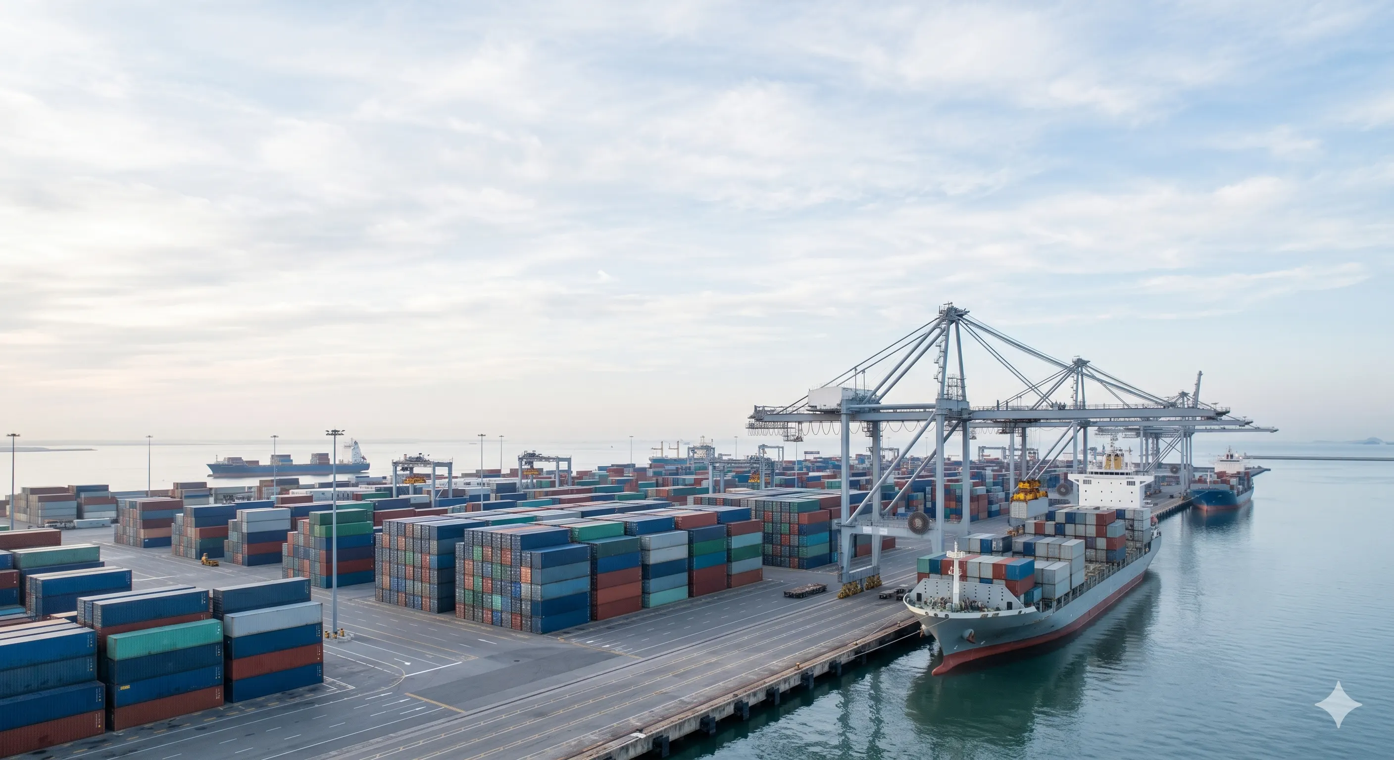 Puerto de contenedores con grúa pórtico cargando un buque al amanecer, donde aparece el sobrecosto de la importación