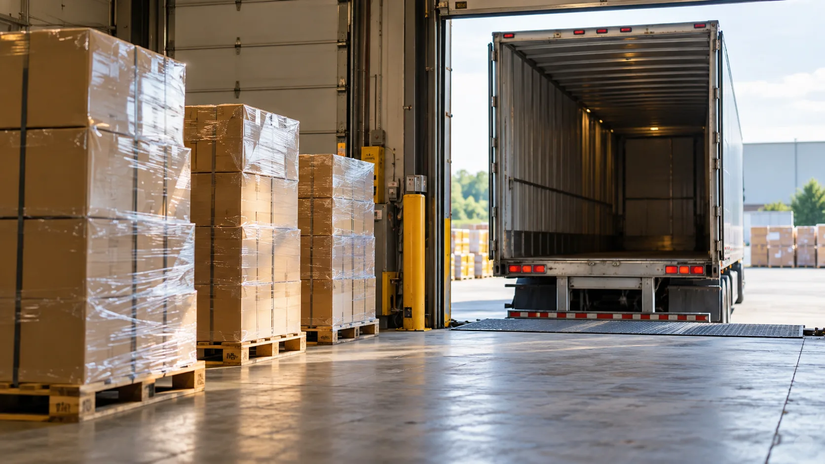 Cajas de producto terminado paletizadas en un andén de carga junto a un tráiler listo para exportación