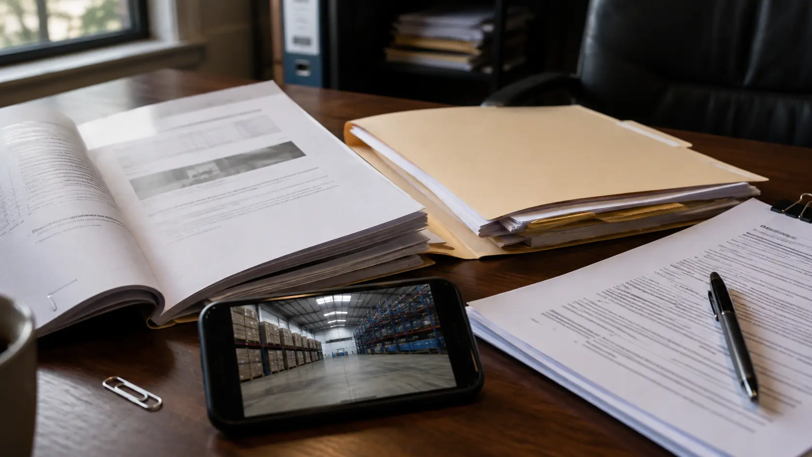 Escritorio de oficina con documentos corporativos, una carpeta y un teléfono con fotografías de una bodega