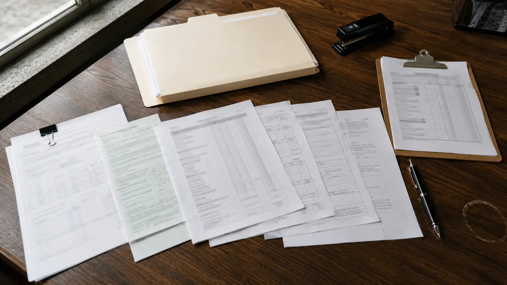 Documentos de embarque organizados sobre un escritorio junto a una carpeta abierta