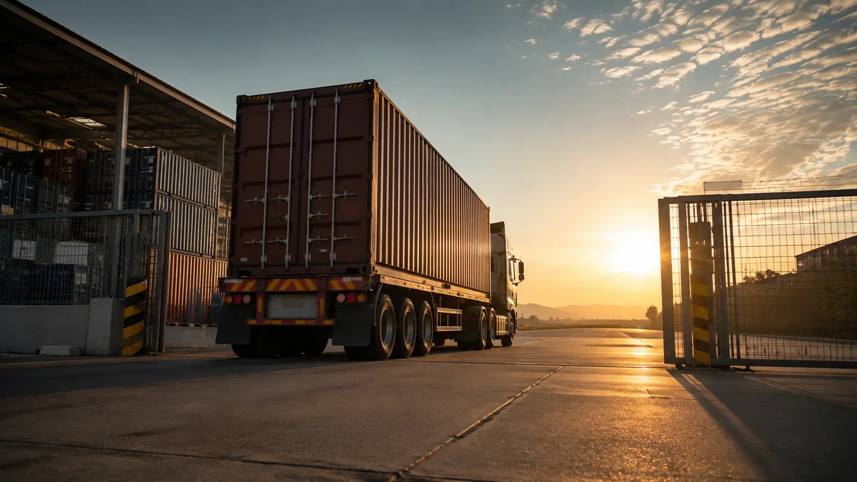 Camión de carga saliendo de una terminal de exportación al amanecer
