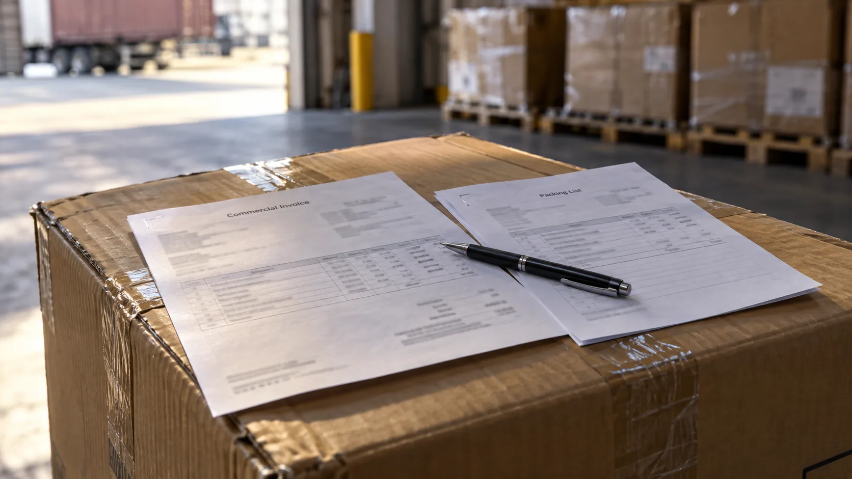 Factura comercial impresa junto a una lista de empaque sobre una caja de cartón