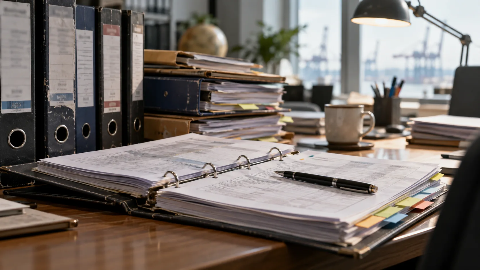 Expedientes de pedimentos archivados en carpetas sobre un escritorio de revisión, con una carpeta abierta y documentos marcados con separadores