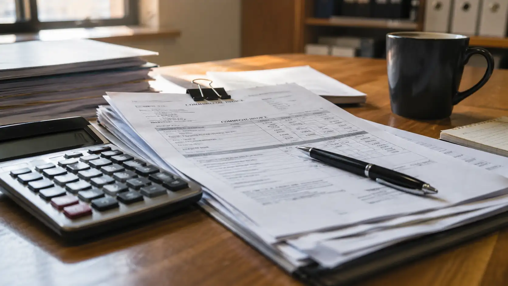 Calculadora, pedimento y factura sobre un escritorio con luz limpia