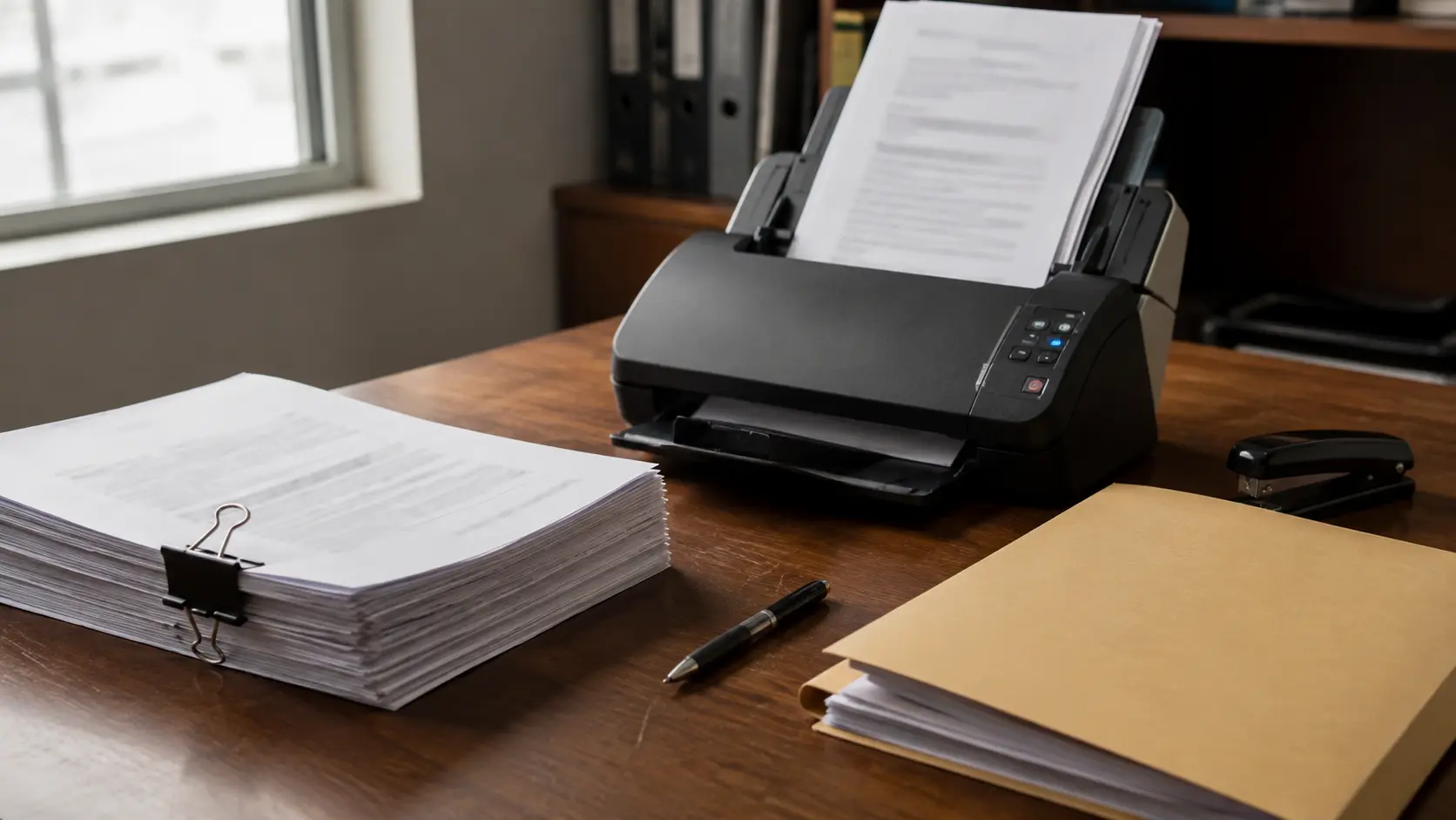 Escritorio con dos grupos de documentos separados junto a un escáner de oficina