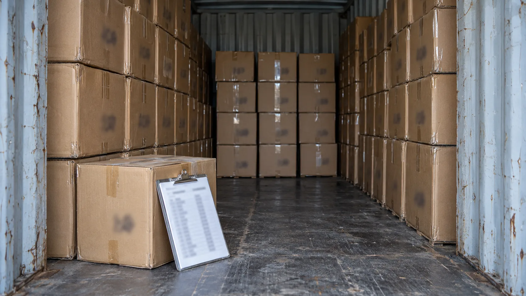 Operador con tablilla revisando cajas numeradas dentro de un contenedor abierto
