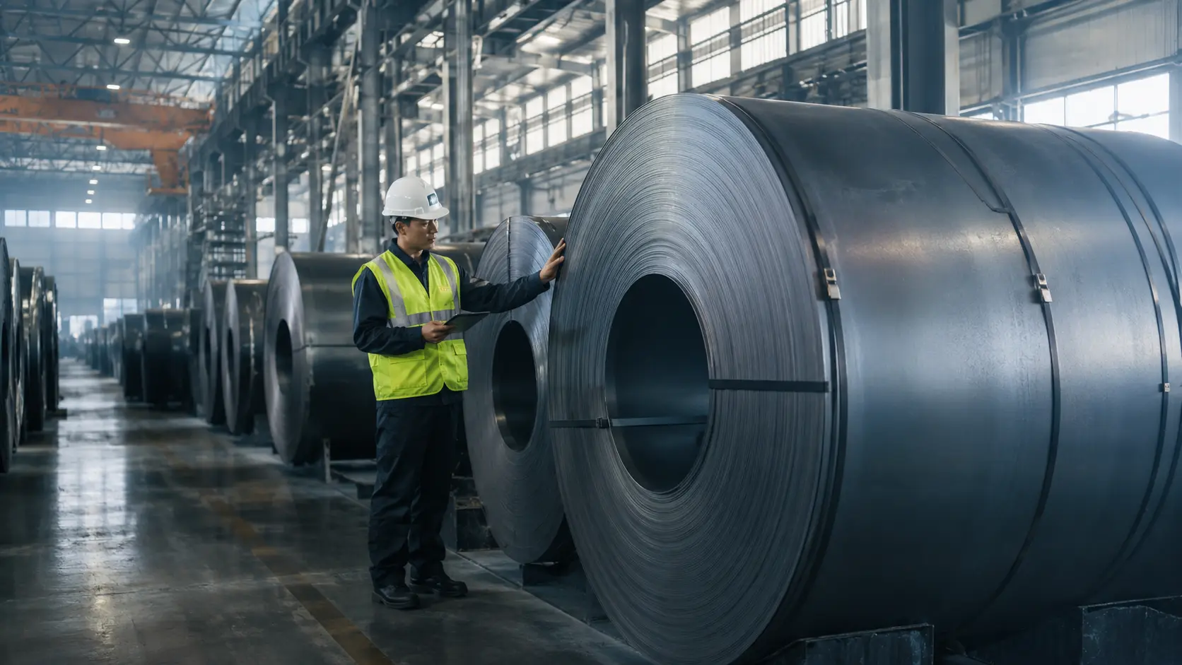Inspección de bobinas de acero en una planta industrial, sector que exige padrón específico