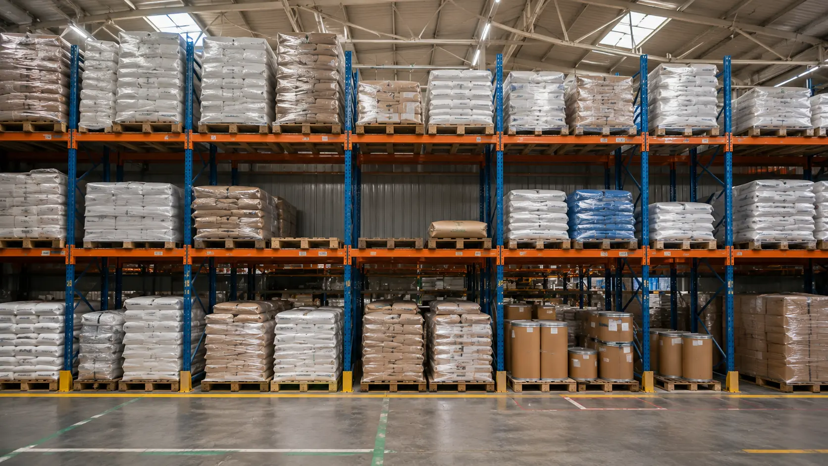 Racks de almacén industrial cargados con tarimas de sacos y tambores de materia prima