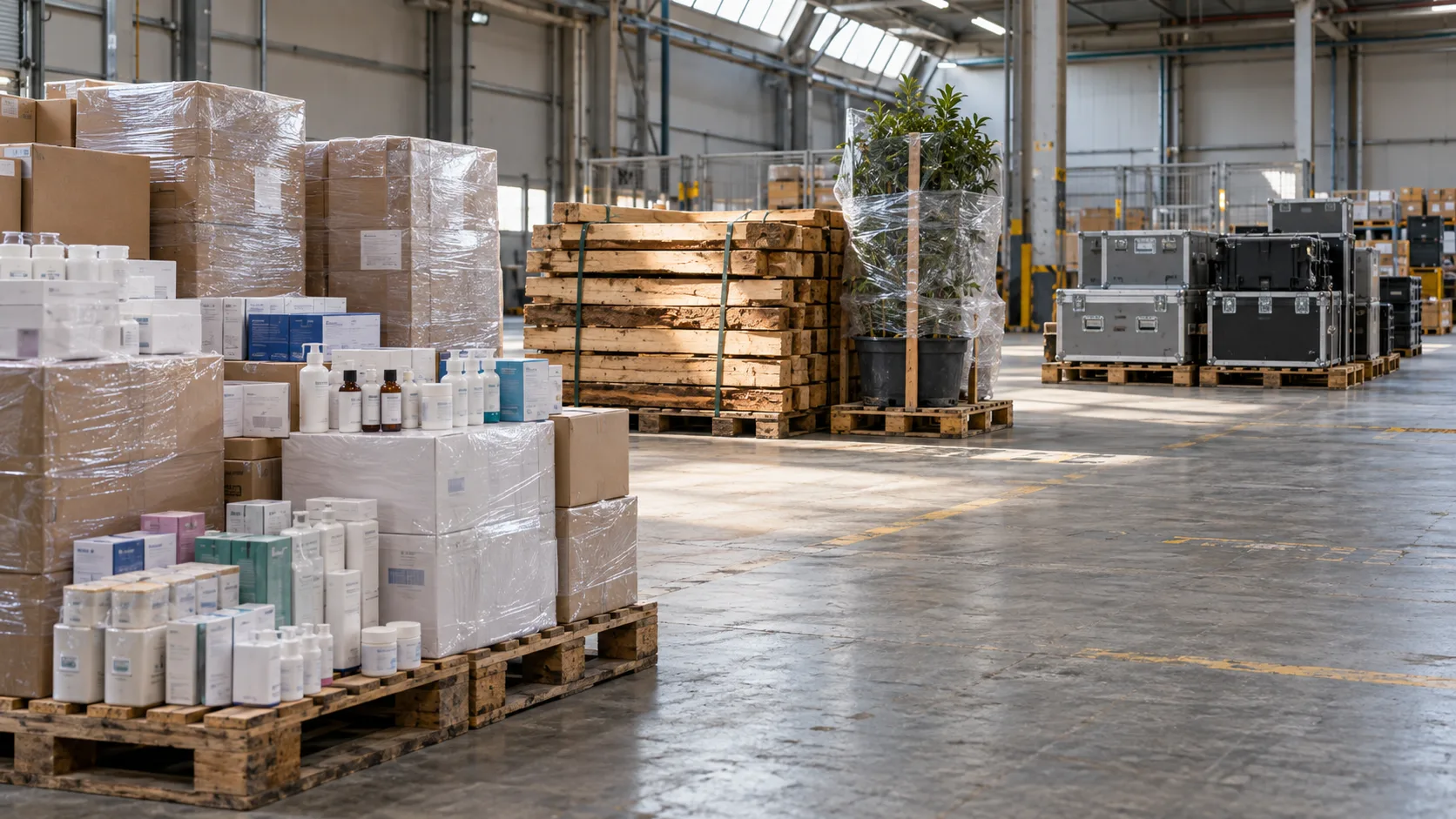 Cajas de mercancía de distintos tipos en el área de revisión de un recinto aduanero, separadas en tres grupos sobre tarimas