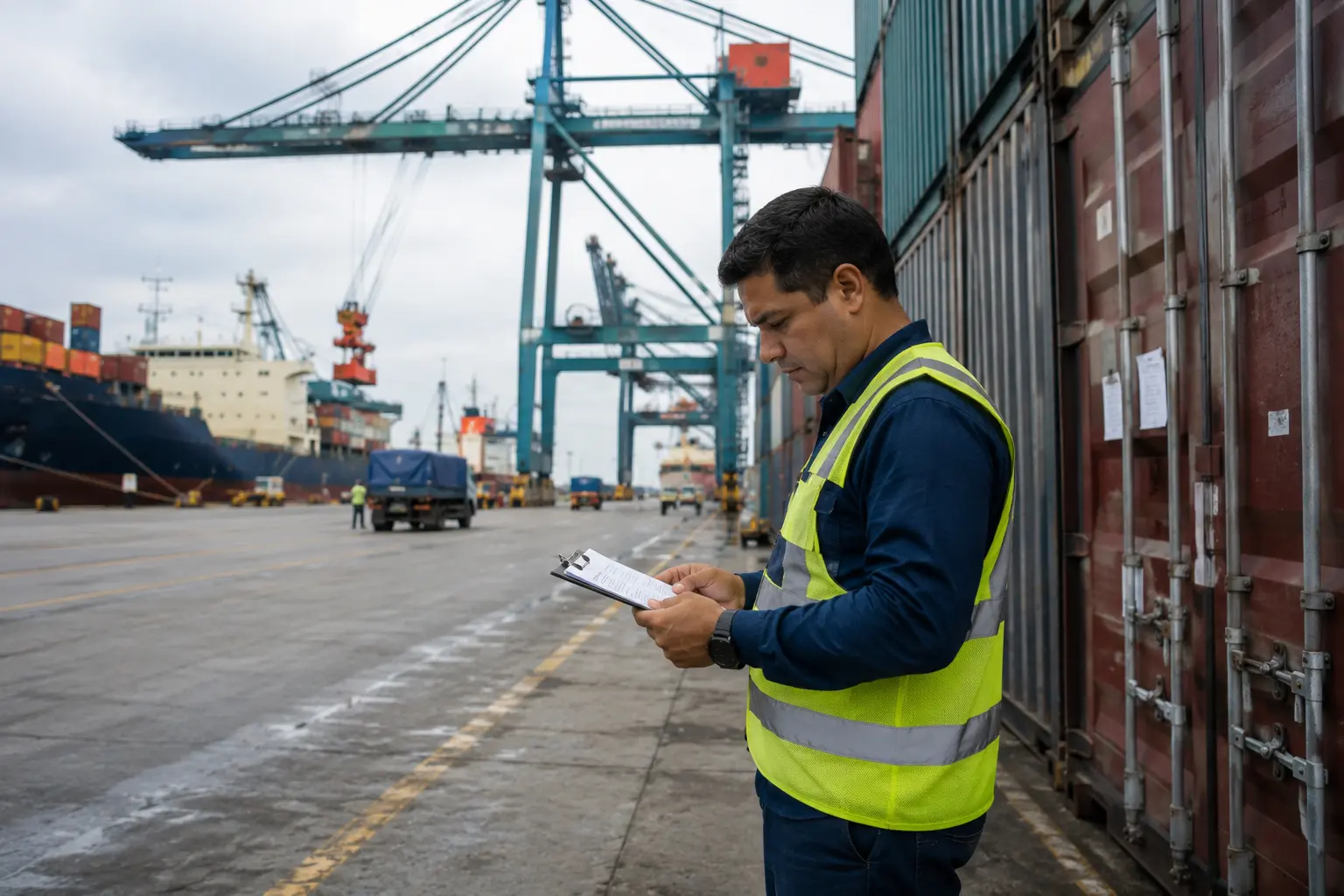 Profesional de aduanas revisando documentos junto a contenedores en un puerto mexicano