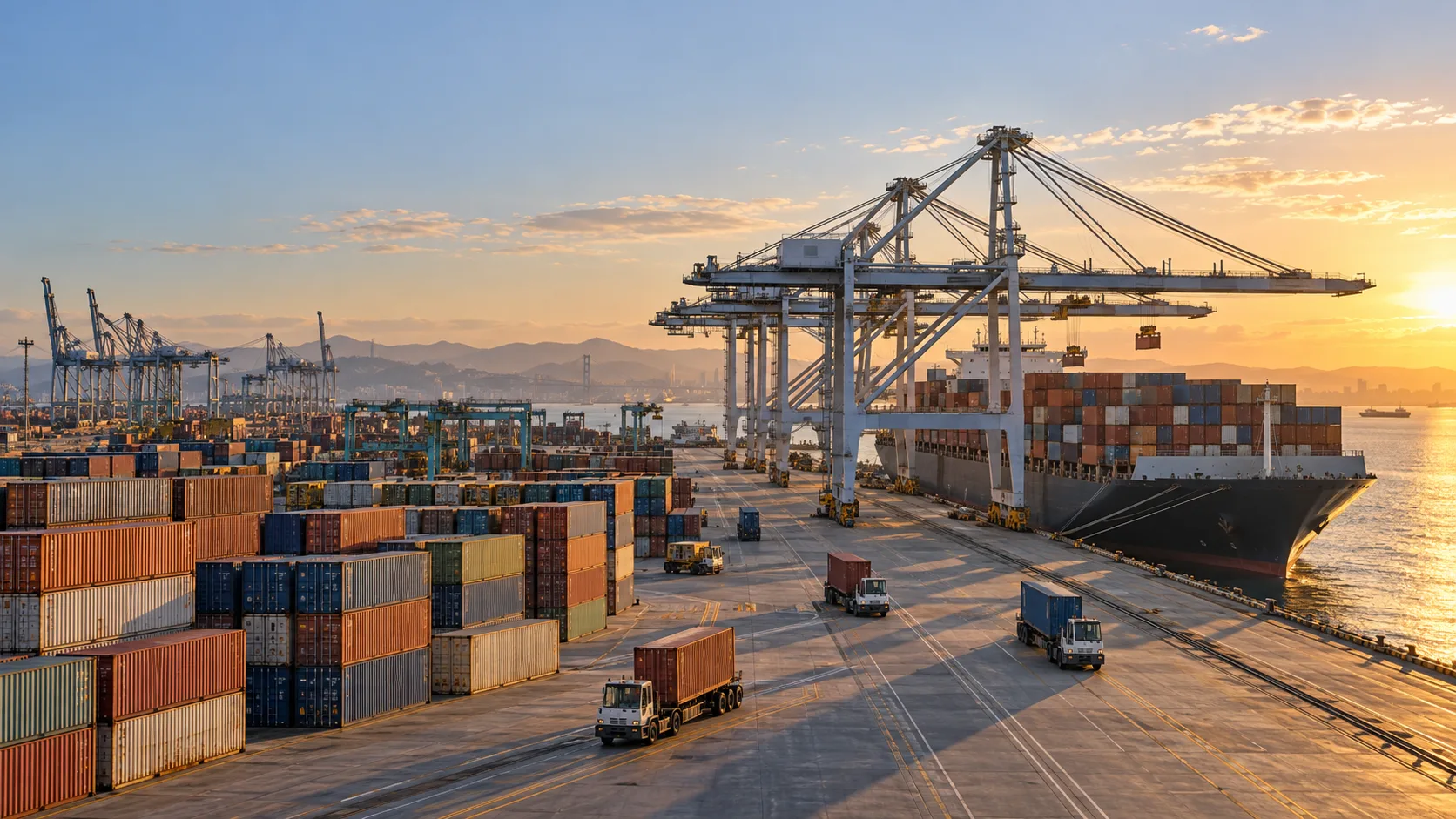 Grúas pórtico descargando un buque portacontenedores en una terminal portuaria al atardecer