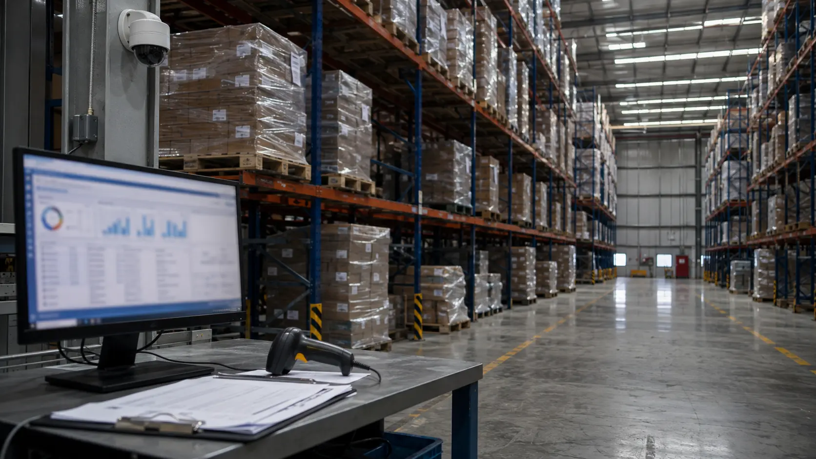 Interior de un almacén logístico con racks y una estación de control de inventario