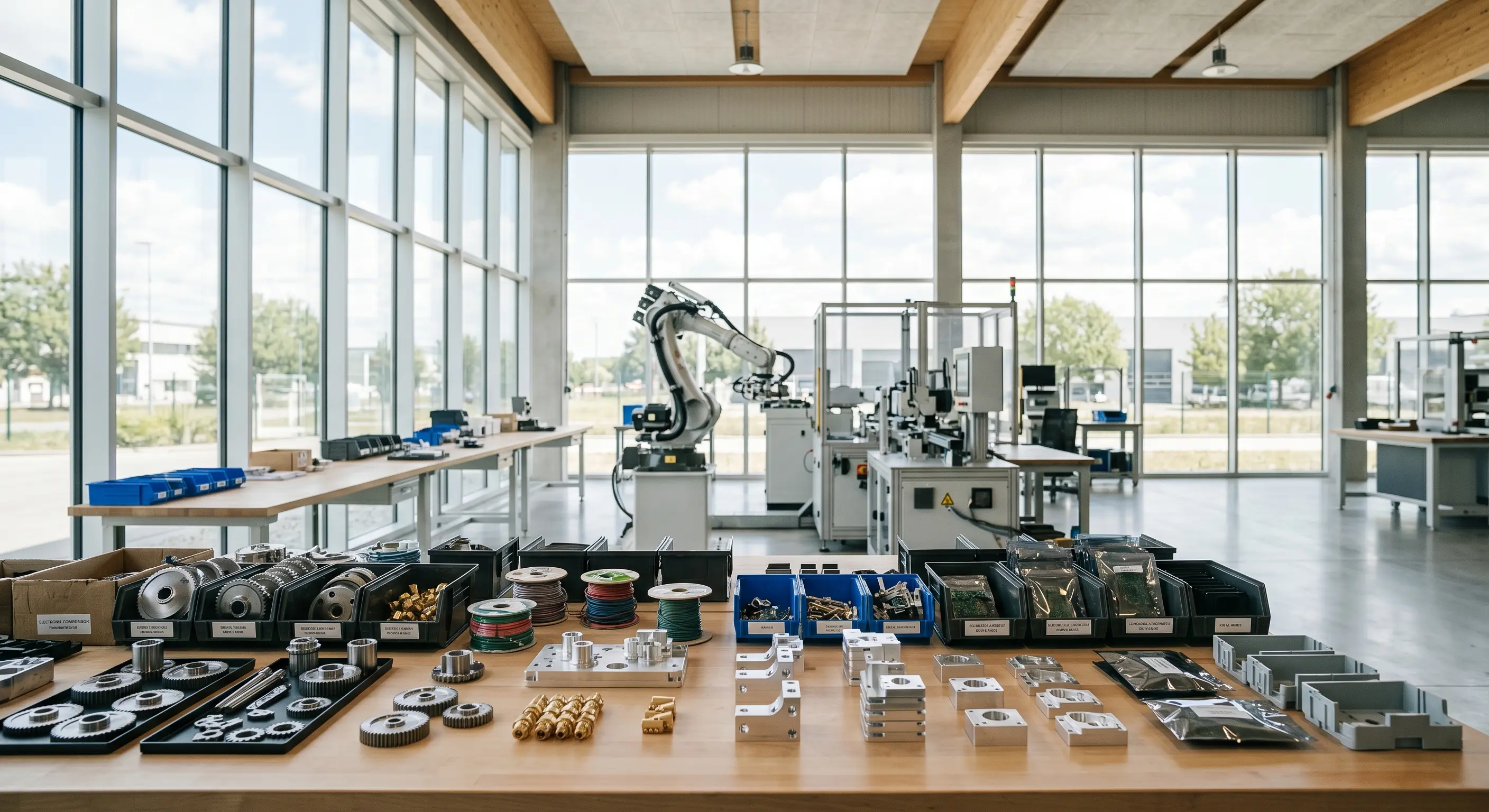 Piso de manufactura moderno con maquinaria y componentes industriales listos para ensamblar