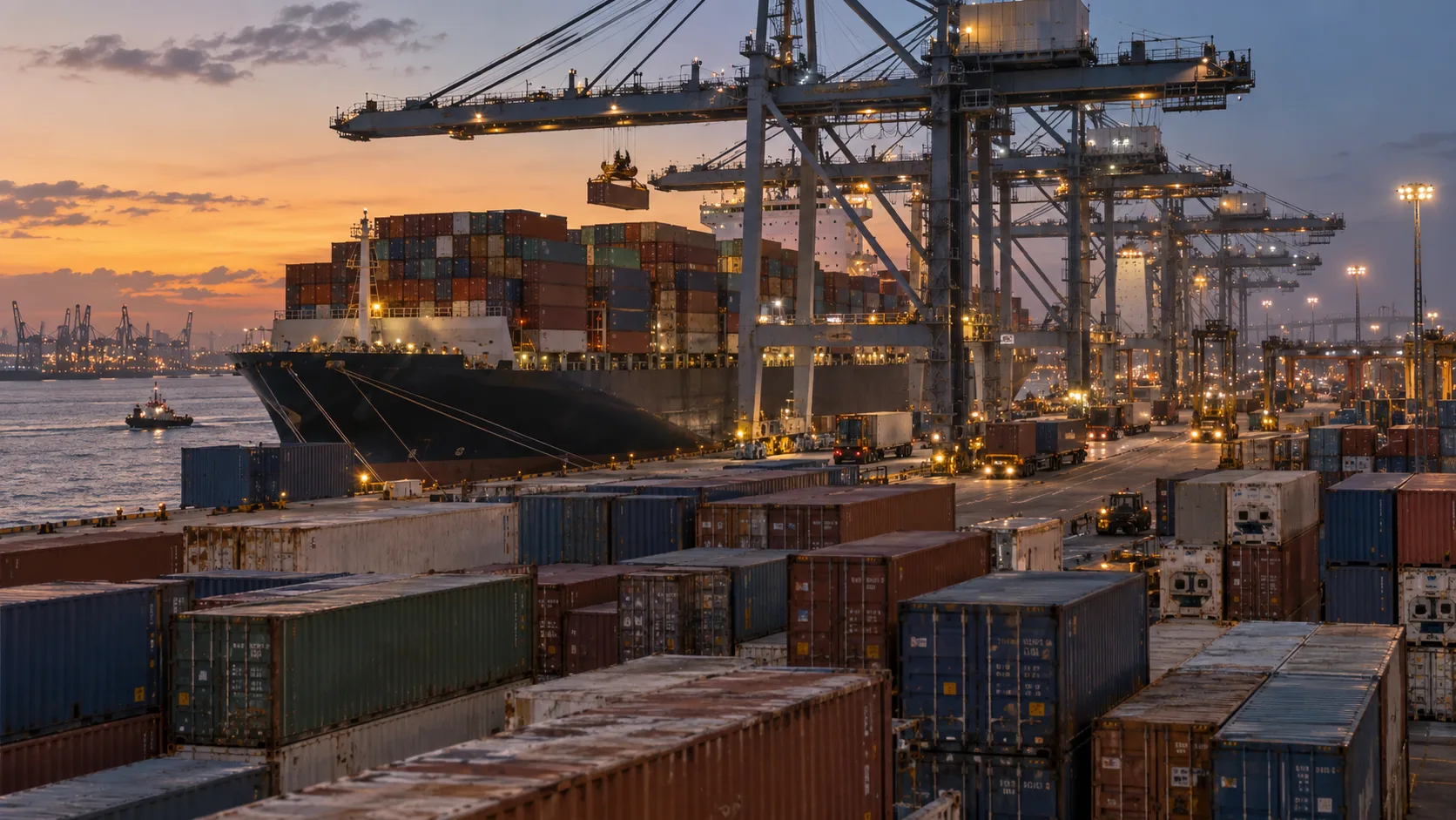Grúas de pórtico sobre un buque portacontenedores cargado al máximo en un puerto al atardecer