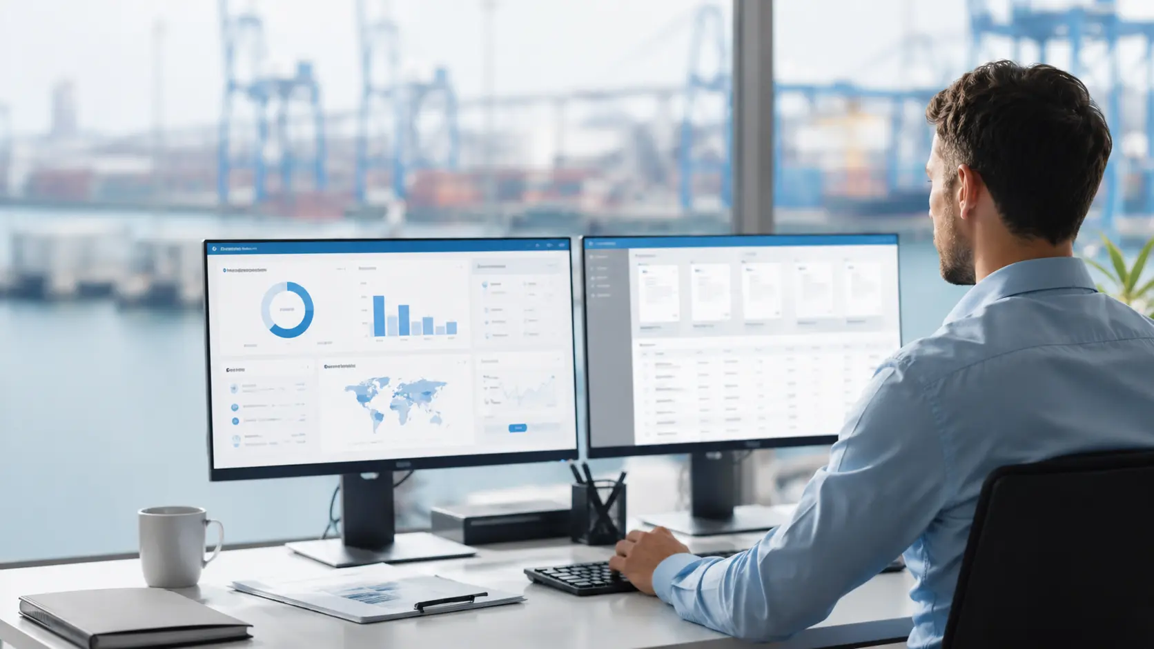 Pantallas con documentos y datos de comercio exterior en una oficina logística moderna